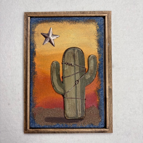 Mixed Media Art Saguaro Cactus Orange Sunset Star Desert Wood Southwest 6 x 8 - Picture 1 of 5